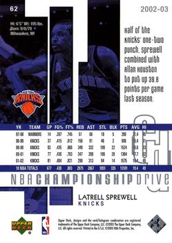 2002-03 Upper Deck Championship Drive #62 Latrell Sprewell Back