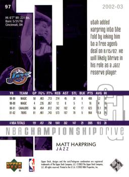 2002-03 Upper Deck Championship Drive #97 Matt Harpring Back