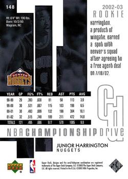 2002-03 Upper Deck Championship Drive #148 Junior Harrington Back