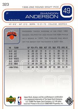 2002-03 Upper Deck #323 Shandon Anderson Back
