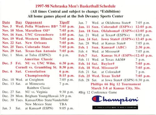 1997-98 Nebraska Cornhuskers Schedules #NNO Tyronn Lue Back