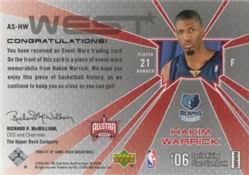 2006-07 SP Game Used - All-Star Memorabilia #AS-HW Hakim Warrick Back