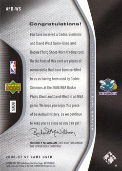 2006-07 SP Game Used - Authentic Fabrics Dual #AFD-WS David West / Cedric Simmons Back