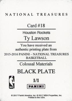 2016-17 Panini National Treasures - 2015-16 National Treasures Colossal Materials Printing Plate Black #18 Ty Lawson Back