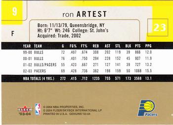 2003-04 Fleer Genuine Insider #9 Ron Artest Back