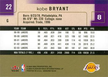 2003-04 Fleer Genuine Insider #22 Kobe Bryant Back