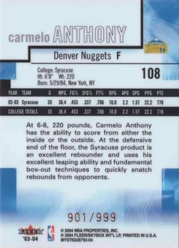 2003-04 Fleer Mystique #108 Carmelo Anthony Back