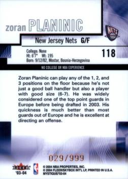 2003-04 Fleer Mystique #118 Zoran Planinic Back