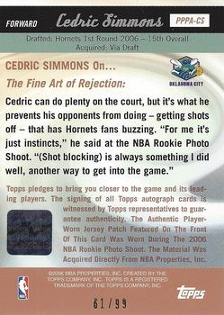2006-07 Topps Big Game - Picture Perfect Patches Autographs #PPPA-CS Cedric Simmons Back