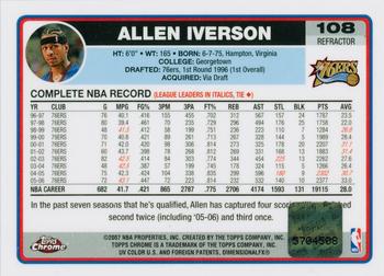 2006-07 Topps Chrome - Autographs Refractors Black #108 Allen Iverson Back