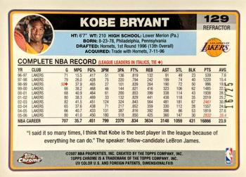 2006-07 Topps Chrome - Refractors Gold #129 Kobe Bryant Back