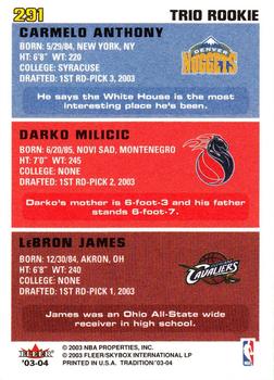 2003-04 Fleer Tradition #291 LeBron James / Darko Milicic / Carmelo Anthony Back