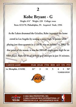 2003-04 SkyBox Autographics #2 Kobe Bryant Back