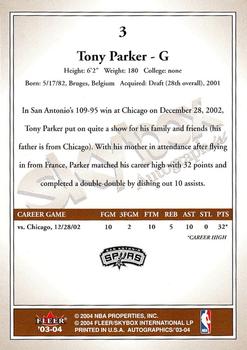 2003-04 SkyBox Autographics #3 Tony Parker Back