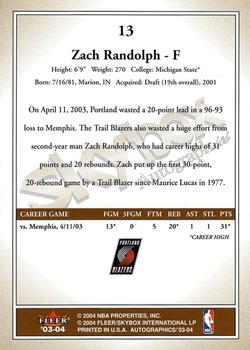 2003-04 SkyBox Autographics #13 Zach Randolph Back