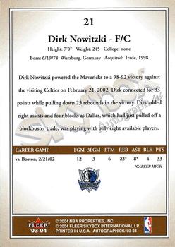 2003-04 SkyBox Autographics #21 Dirk Nowitzki Back