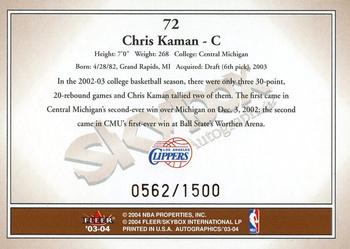 2003-04 SkyBox Autographics #72 Chris Kaman Back