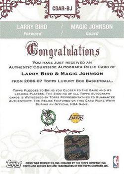 2006-07 Topps Luxury Box - Courtside Relics Autographs Dual #CDAR-BJ Larry Bird / Magic Johnson Back