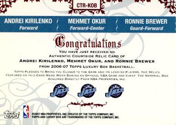 2006-07 Topps Luxury Box - Courtside Relics Triple Silver #CTR-KOB Andrei Kirilenko / Mehmet Okur / Ronnie Brewer Back