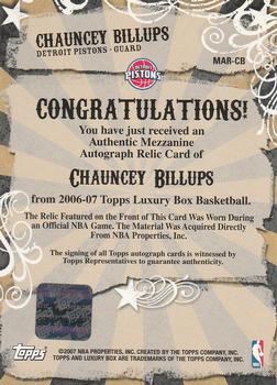 2006-07 Topps Luxury Box - Mezzanine Relics Autographs #MAR-CB Chauncey Billups Back