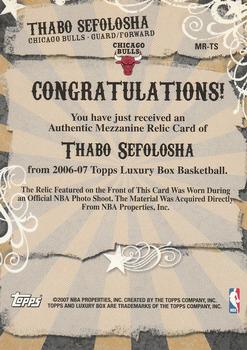 2006-07 Topps Luxury Box - Mezzanine Relics Blue #MR-TS Thabo Sefolosha Back