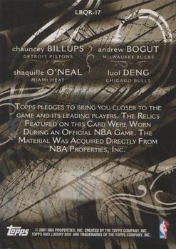 2006-07 Topps Luxury Box - Relics Quad #LBQR-17 Chauncey Billups / Andrew Bogut / Shaquille O'Neal / Luol Deng Back