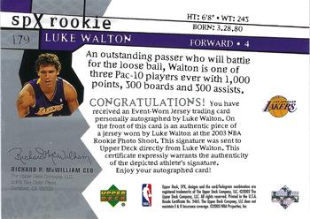 2003-04 SPx #179 Luke Walton Back