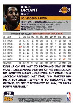 2003-04 Topps #36 Kobe Bryant Back