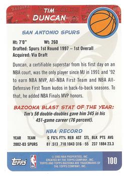 2003-04 Bazooka #100 Tim Duncan Back