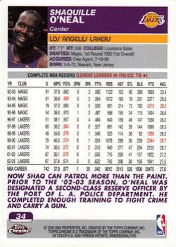 2003-04 Topps Chrome #34 Shaquille O'Neal Back