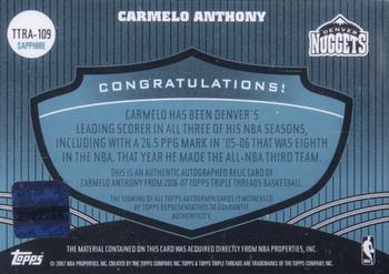 2006-07 Topps Triple Threads - Relics Autographs Sapphire #TTRA-109 Carmelo Anthony Back