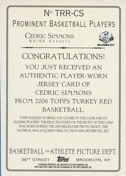 2006-07 Topps Turkey Red - Relics #TRR-CS Cedric Simmons Back