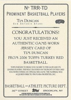 2006-07 Topps Turkey Red - Relics #TRR-TD Tim Duncan Back