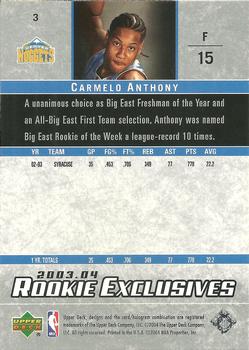 2003-04 Upper Deck Rookie Exclusives #3 Carmelo Anthony Back