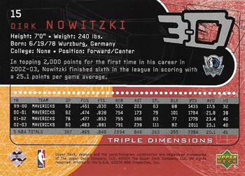 2003-04 Upper Deck Triple Dimensions #15 Dirk Nowitzki Back
