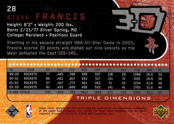 2003-04 Upper Deck Triple Dimensions #28 Steve Francis Back