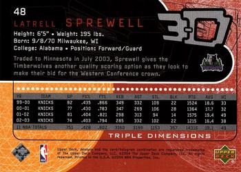 2003-04 Upper Deck Triple Dimensions #48 Latrell Sprewell Back