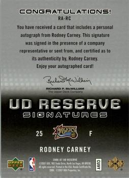 2006-07 UD Reserve - Signatures #RA-RC Rodney Carney Back
