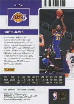 2021-22 Panini Contenders - Game Ticket Green #62 LeBron James Back