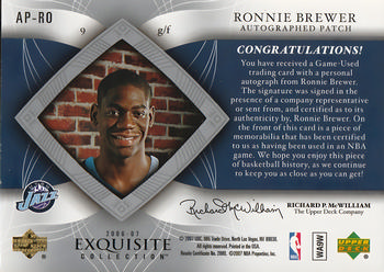 2006-07 Upper Deck Exquisite Collection - Autographed Patches #AP-RO Ronnie Brewer Back