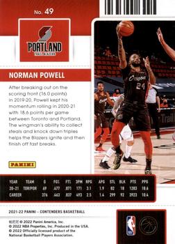 2021-22 Panini Contenders - Game Ticket Red #49 Norman Powell Back