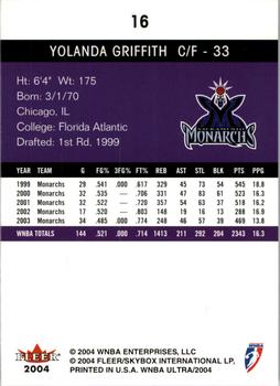 2004 Ultra WNBA #16 Yolanda Griffith Back