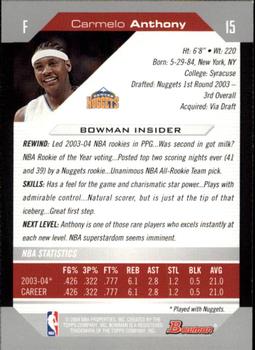 2004-05 Bowman #15 Carmelo Anthony Back