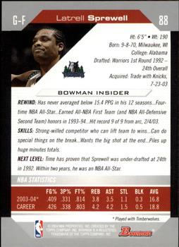 2004-05 Bowman #88 Latrell Sprewell Back