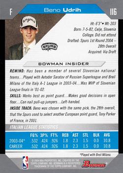 2004-05 Bowman #116 Beno Udrih Back