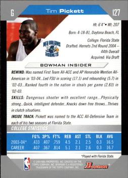 2004-05 Bowman #127 Tim Pickett Back