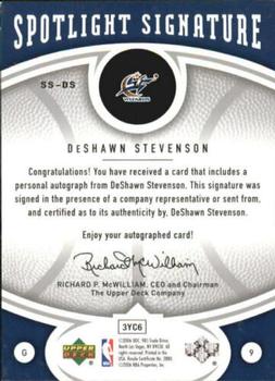 2006-07 Upper Deck Ovation - Spotlight Signature #SS-DS DeShawn Stevenson Back