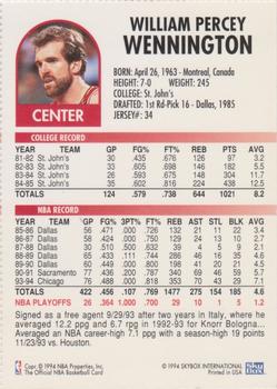 1994 Hoops Chicago Bulls Team Night Sheet SGA #NNO Bill Wennington Back
