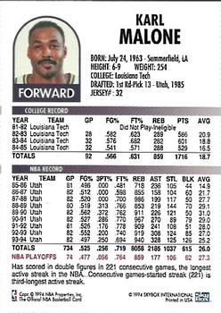 1994 Hoops Utah Jazz Team Night Sheet SGA #NNO Karl Malone Back