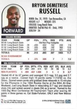 1994 Hoops Utah Jazz Team Night Sheet SGA #NNO Bryon Russell Back